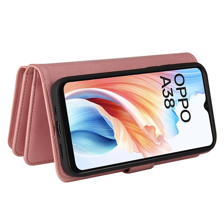 Série multifonctionnelle KT-2 pour étui Oppo A38 4G Multiples fentes pour cartes Housse en cuir zippée - Rose