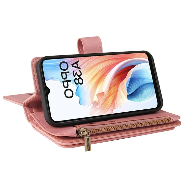 Série multifonctionnelle KT-2 pour étui Oppo A38 4G Multiples fentes pour cartes Housse en cuir zippée - Rose