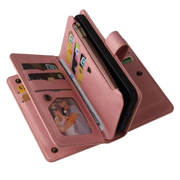 Série multifonctionnelle KT-2 pour étui Oppo A38 4G Multiples fentes pour cartes Housse en cuir zippée - Rose