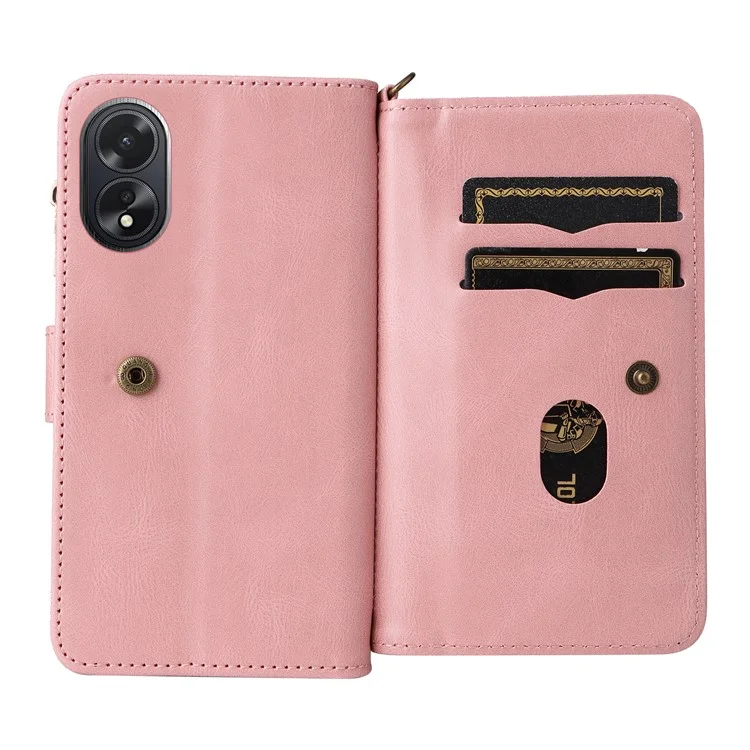 Série multifonctionnelle KT-2 pour étui Oppo A38 4G Multiples fentes pour cartes Housse en cuir zippée - Rose