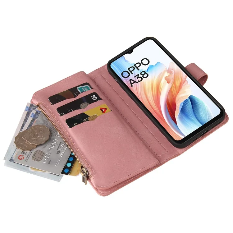 Série multifonctionnelle KT-2 pour étui Oppo A38 4G Multiples fentes pour cartes Housse en cuir zippée - Rose