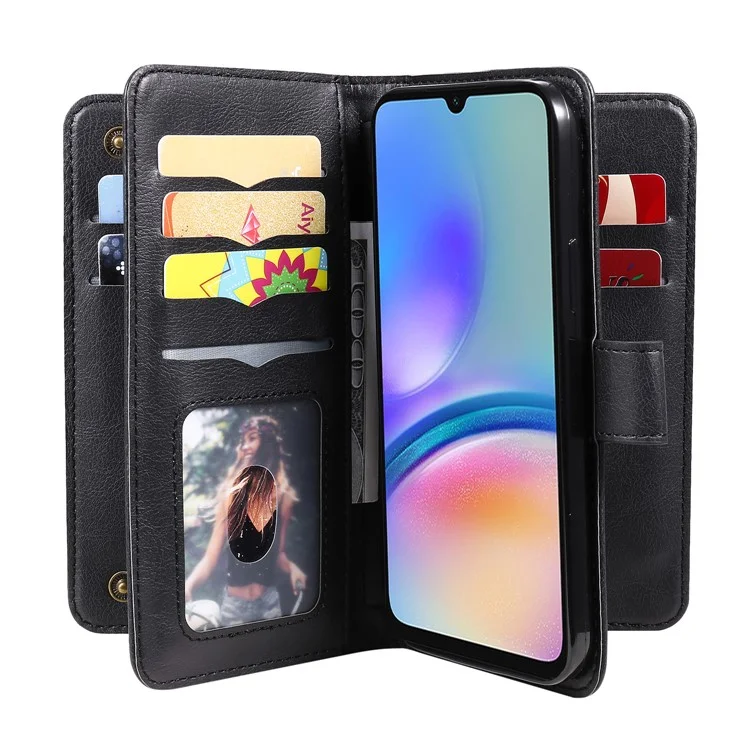For Samsung Galaxy A05s 4G Leather Case with 10 Card Holder Phone Cover Stand - Black