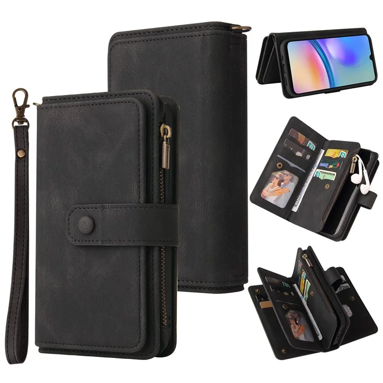 For Samsung Galaxy A05s 4G Zipper Wallet Case with 15 Card Slots and Strap Leather Phone Cover - Black