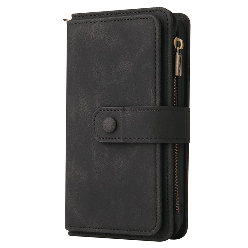 For Samsung Galaxy A05s 4G Zipper Wallet Case with 15 Card Slots and Strap Leather Phone Cover - Black