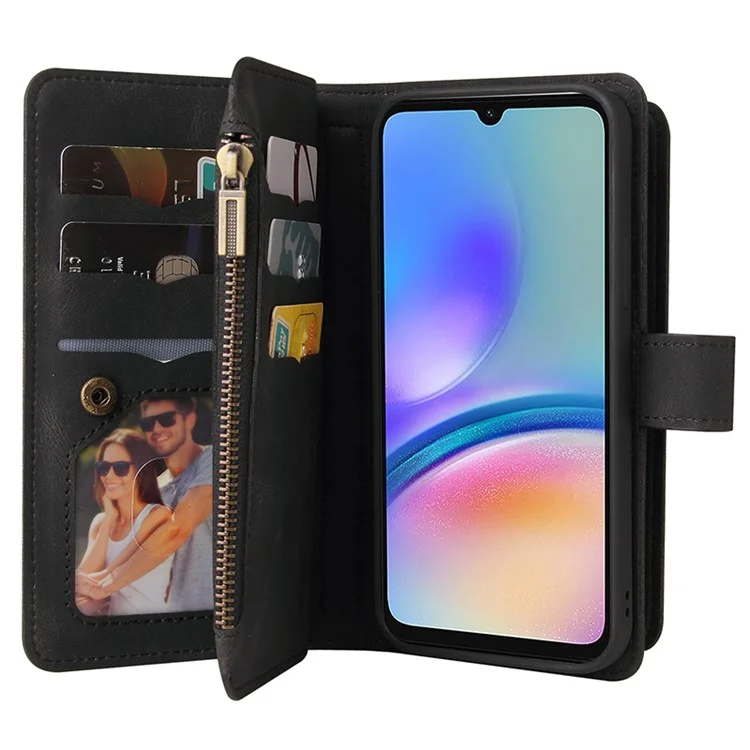For Samsung Galaxy A05s 4G Zipper Wallet Case with 15 Card Slots and Strap Leather Phone Cover - Black