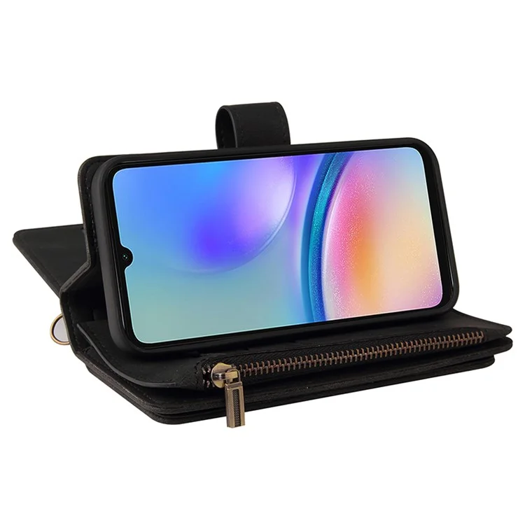 For Samsung Galaxy A05s 4G Zipper Wallet Case with 15 Card Slots and Strap Leather Phone Cover - Black