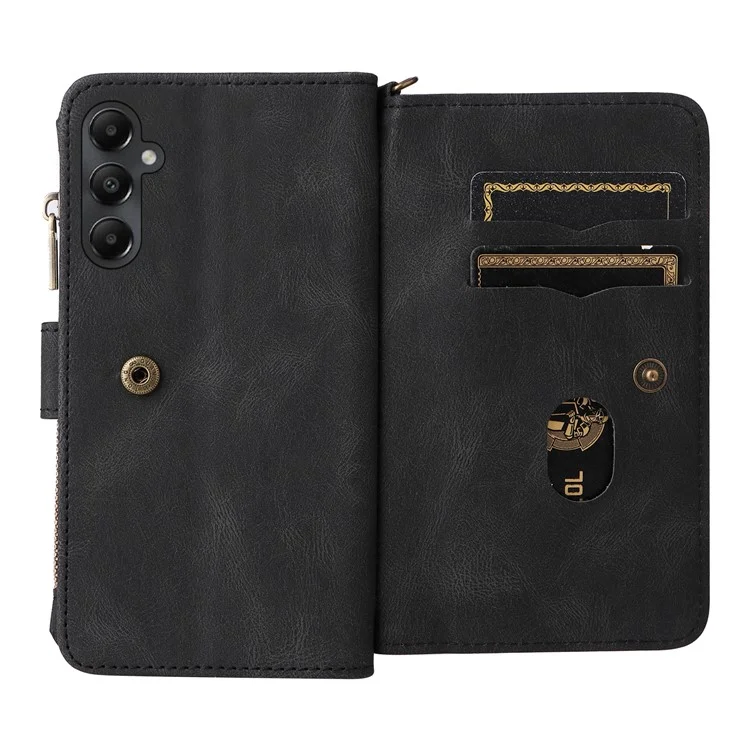 For Samsung Galaxy A05s 4G Zipper Wallet Case with 15 Card Slots and Strap Leather Phone Cover - Black