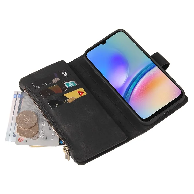 For Samsung Galaxy A05s 4G Zipper Wallet Case with 15 Card Slots and Strap Leather Phone Cover - Black