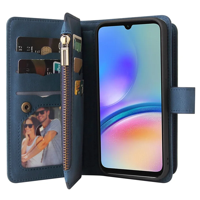 Handytasche mit Reißverschluss und 15 Kartenfächern sowie Gurt für Samsung Galaxy A05s 4G, Ledertasche für Telefon – Blau
