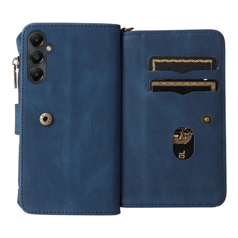 Handytasche mit Reißverschluss und 15 Kartenfächern sowie Gurt für Samsung Galaxy A05s 4G, Ledertasche für Telefon – Blau