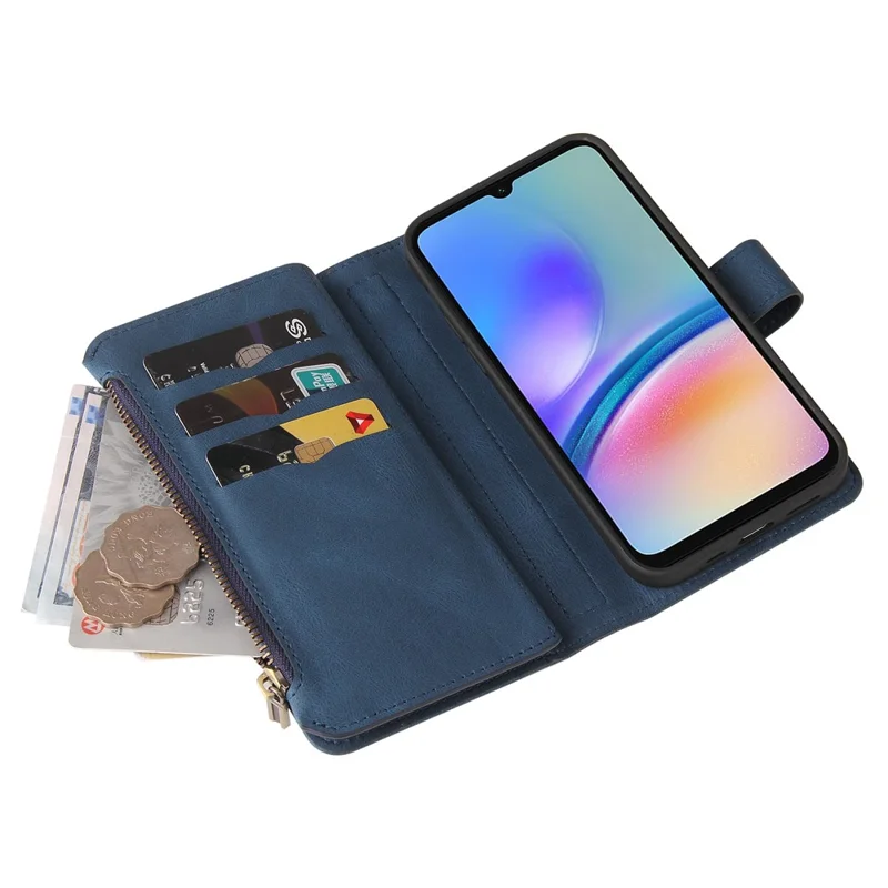 Handytasche mit Reißverschluss und 15 Kartenfächern sowie Gurt für Samsung Galaxy A05s 4G, Ledertasche für Telefon – Blau