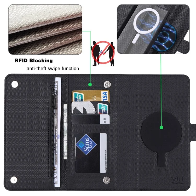 VILI GHB-Serie für iPhone 15 Pro Lederetui RFID-Blockierung Magnetische Handyhülle - Schwarz