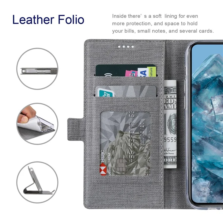 VILI DMK Series for Google Pixel 8 Pro Case Cross Texture Leather Cover with Wallet Stand - Grey