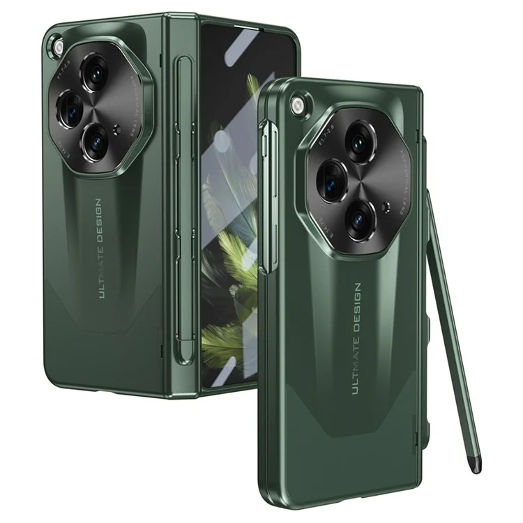 For OnePlus Open Case Tempered Glass Film Hinge Protection PC Cover with Stylus / Stylus Slot - Green