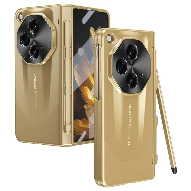 For OnePlus Open Case Tempered Glass Film Hinge Protection PC Cover with Stylus / Stylus Slot - Gold
