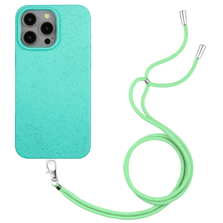 For iPhone 11 Pro Max Phone Case Biodegradable Wheat Straw+TPU Shockproof Cover with Lanyard - Sky Blue