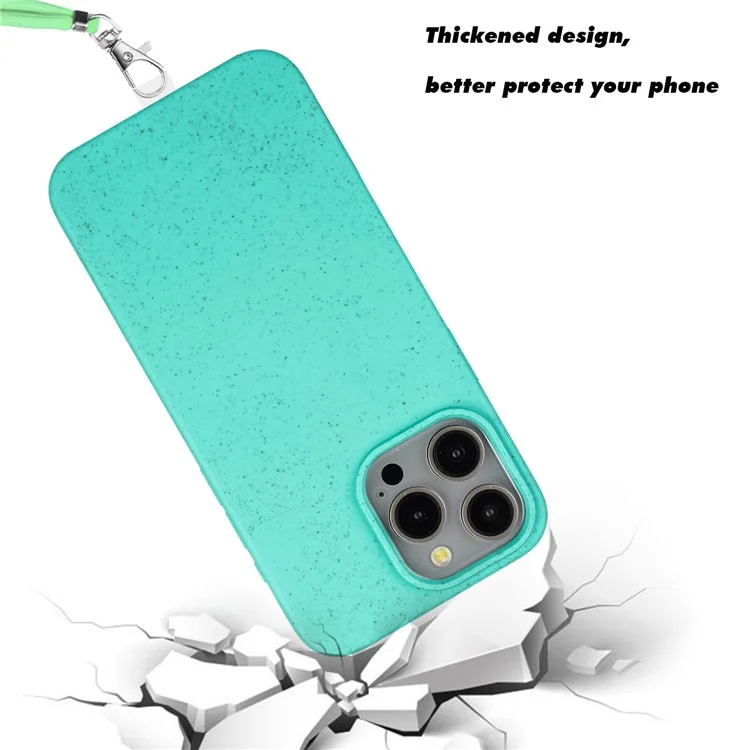For iPhone 11 Pro Max Phone Case Biodegradable Wheat Straw+TPU Shockproof Cover with Lanyard - Sky Blue