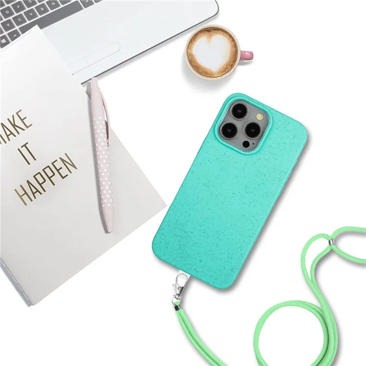 For iPhone 11 Pro Max Phone Case Biodegradable Wheat Straw+TPU Shockproof Cover with Lanyard - Sky Blue