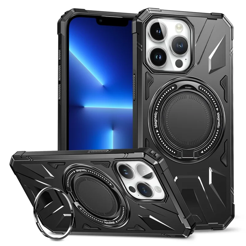 For iPhone 13 Pro 6.1 inch Case Anti-fall TPU+PC Phone Protective Cover with Rotatable Kickstand - Black