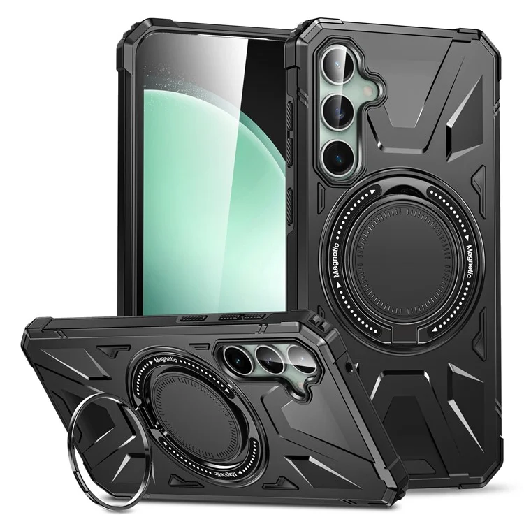 For Samsung Galaxy S23 FE Case TPU+PC Rotating Kickstand Phone Cover Built-in Magnetic Holder Metal Sheet - Black