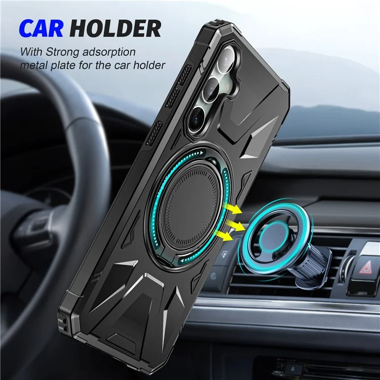 For Samsung Galaxy S23 FE Case TPU+PC Rotating Kickstand Phone Cover Built-in Magnetic Holder Metal Sheet - Black