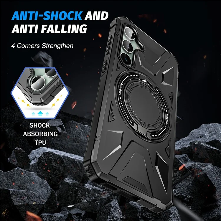 For Samsung Galaxy S23 FE Case TPU+PC Rotating Kickstand Phone Cover Built-in Magnetic Holder Metal Sheet - Black