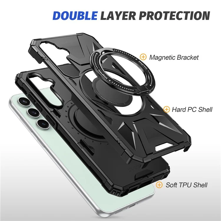 For Samsung Galaxy S23 FE Case TPU+PC Rotating Kickstand Phone Cover Built-in Magnetic Holder Metal Sheet - Black