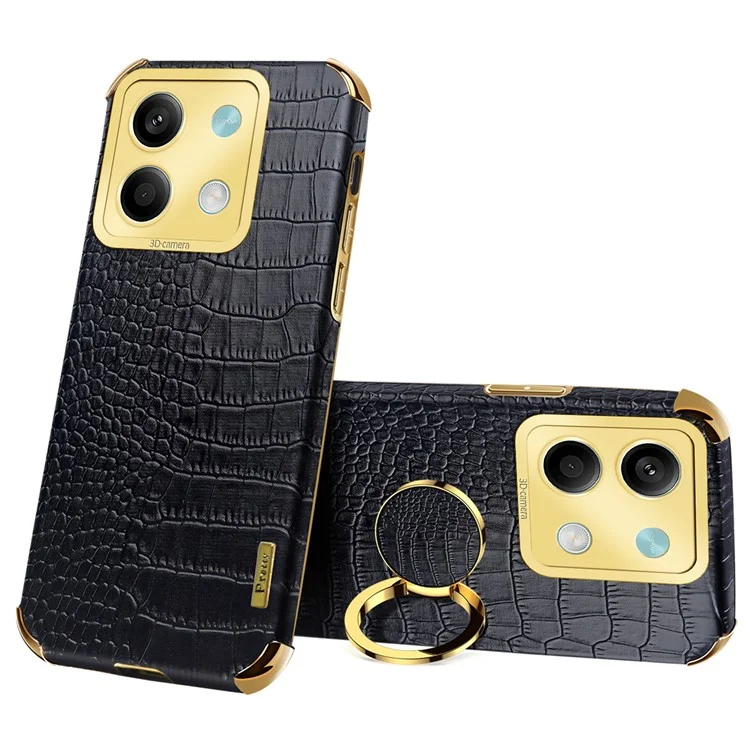 For Xiaomi Redmi Note 13 5G Case Crocodile Texture Leather+TPU Phone Shell Protector with Ring Kickstand - Black