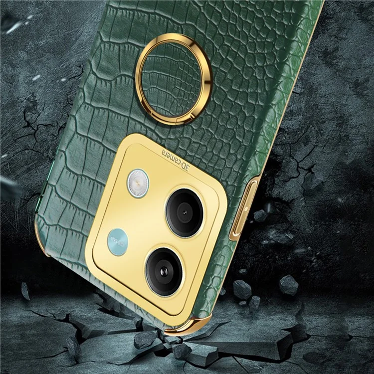 For Xiaomi Redmi Note 13 5G Case Crocodile Texture Leather+TPU Phone Shell Protector with Ring Kickstand - Black