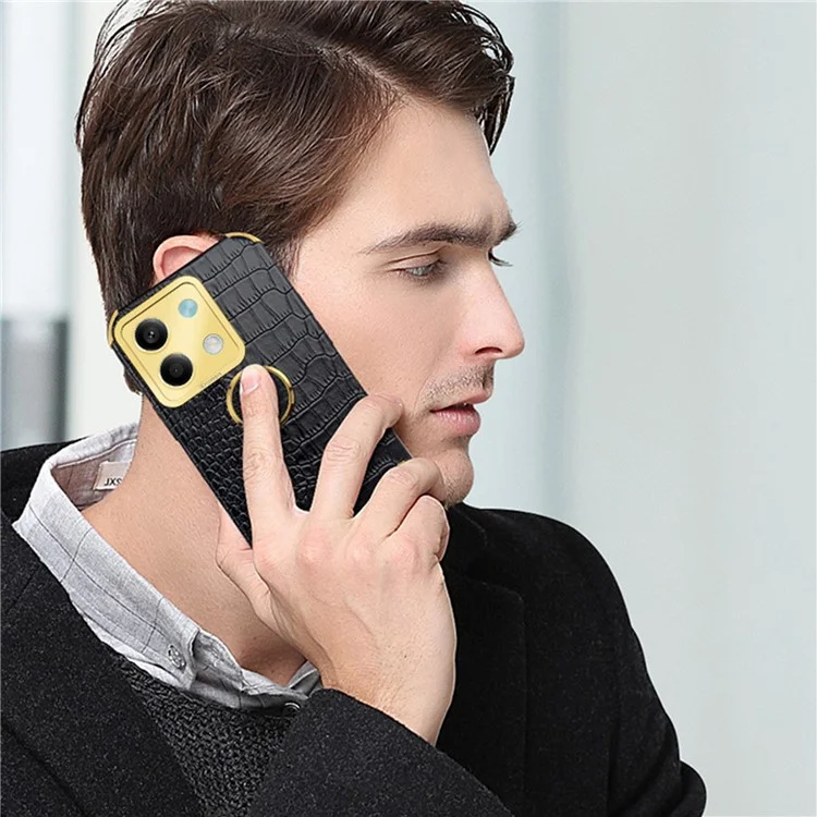 For Xiaomi Redmi Note 13 5G Case Crocodile Texture Leather+TPU Phone Shell Protector with Ring Kickstand - Black