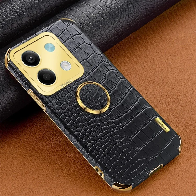 For Xiaomi Redmi Note 13 5G Case Crocodile Texture Leather+TPU Phone Shell Protector with Ring Kickstand - Black