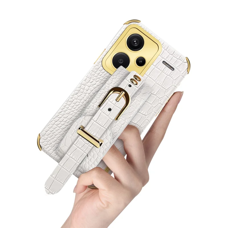 Capa para Xiaomi Redmi Note 13 Pro+ 5G com Textura de Crocodilo e Alça de Punho, Capa de Telemóvel com Revestimento Electrolítico - Branco