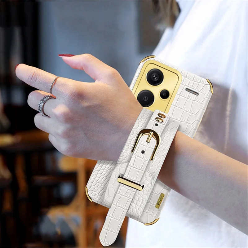 Capa para Xiaomi Redmi Note 13 Pro+ 5G com Textura de Crocodilo e Alça de Punho, Capa de Telemóvel com Revestimento Electrolítico - Branco