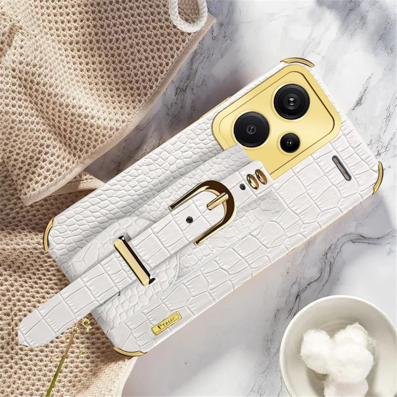 Capa para Xiaomi Redmi Note 13 Pro+ 5G com Textura de Crocodilo e Alça de Punho, Capa de Telemóvel com Revestimento Electrolítico - Branco