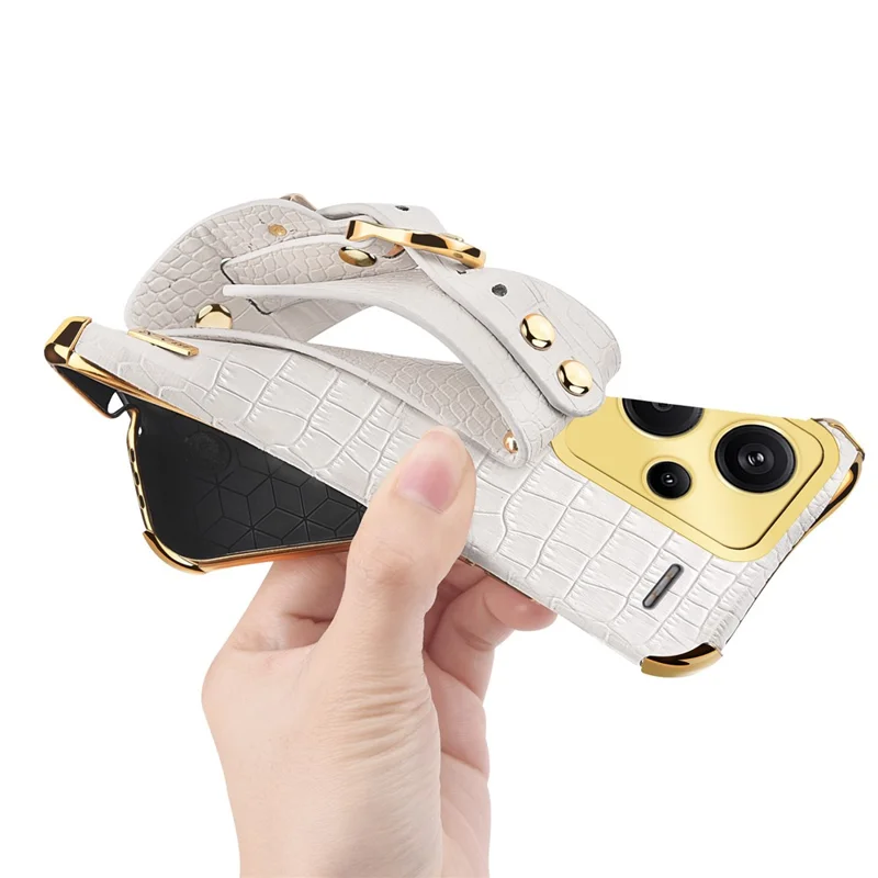 Capa para Xiaomi Redmi Note 13 Pro+ 5G com Textura de Crocodilo e Alça de Punho, Capa de Telemóvel com Revestimento Electrolítico - Branco