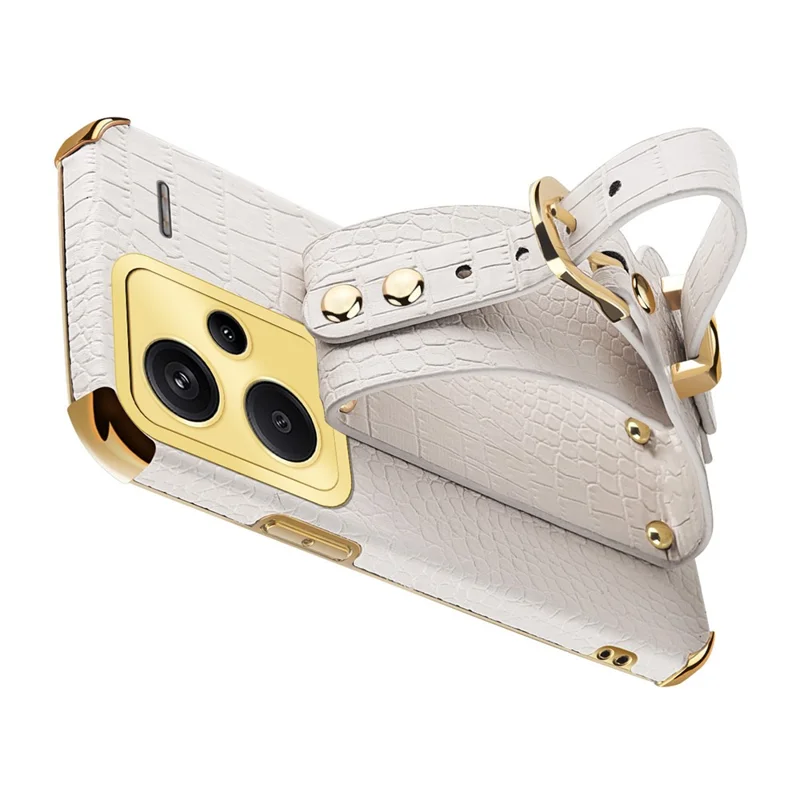 Capa para Xiaomi Redmi Note 13 Pro+ 5G com Textura de Crocodilo e Alça de Punho, Capa de Telemóvel com Revestimento Electrolítico - Branco