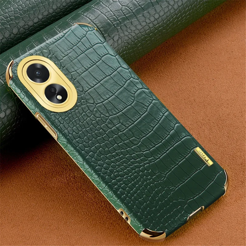 For Oppo A38 4G Case PU Leather+TPU Electroplated Phone Cover (Crocodile Texture) - Green