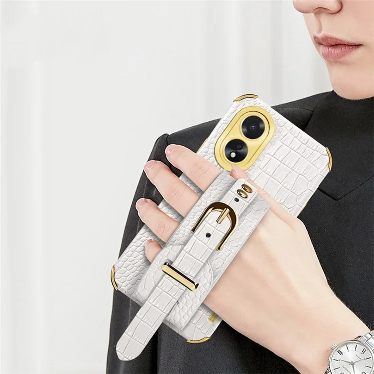 Per il caso Oppo A38 4G Elettroplaccatura in pelle+TPU Cover telefonica con cinturino da polso - Bianco