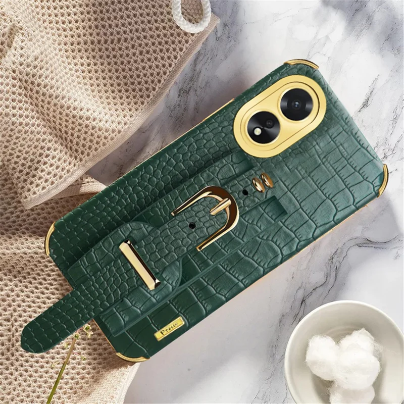 For Oppo A38 4G Case Electroplating Leather+TPU Phone Cover with Wristband - Green