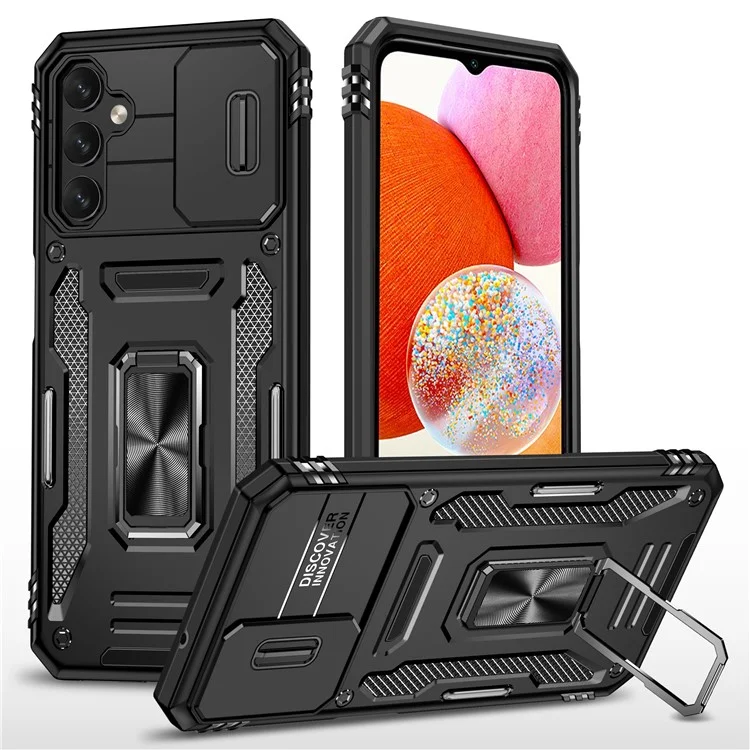 Armor-Serie für Samsung Galaxy A15 4G Hülle PC+TPU Stoßfest Ständer Handyhülle mit Objektivabdeckung - Schwarz