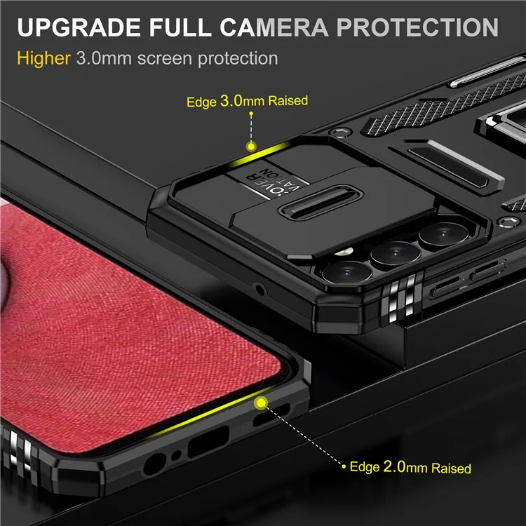 Armor-Serie für Samsung Galaxy A15 4G Hülle PC+TPU Stoßfest Ständer Handyhülle mit Objektivabdeckung - Schwarz