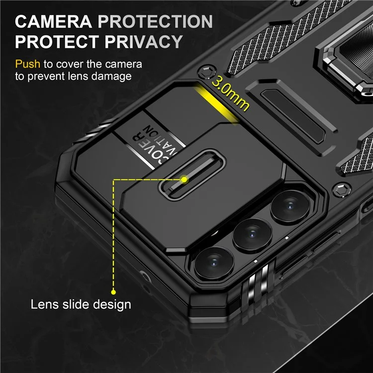 Armor-Serie für Samsung Galaxy A15 4G Hülle PC+TPU Stoßfest Ständer Handyhülle mit Objektivabdeckung - Schwarz