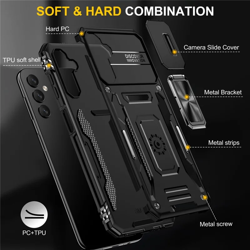 Armor-Serie für Samsung Galaxy A15 4G Hülle PC+TPU Stoßfest Ständer Handyhülle mit Objektivabdeckung - Schwarz