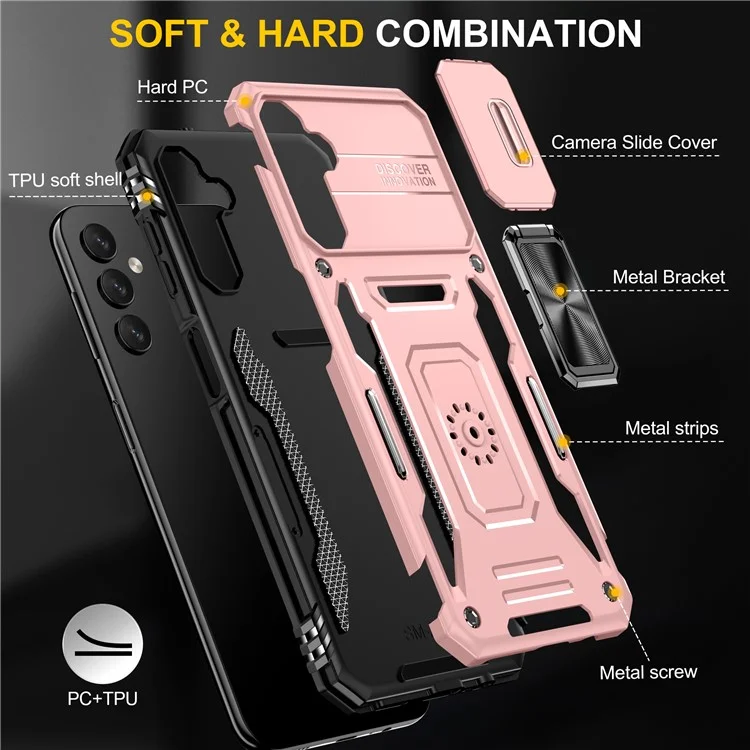 Armor Series For Samsung Galaxy A05s 4G Case Slide Lens Shield PC+TPU Anti-fall Phone Cover - Rose Gold