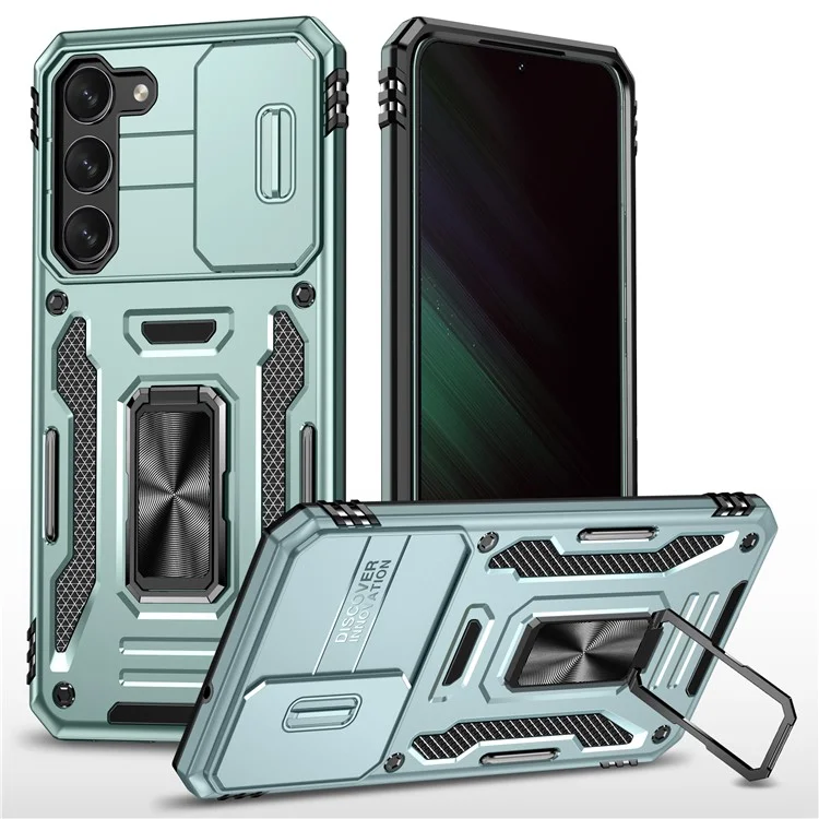 Armor Series For Samsung Galaxy S25 / S24 Case PC+TPU Shockproof Kickstand Smart Phone Back Protector with Slide Lens Lid - Green
