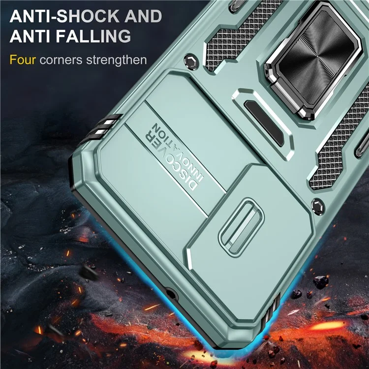 Armor Series For Samsung Galaxy S25 / S24 Case PC+TPU Shockproof Kickstand Smart Phone Back Protector with Slide Lens Lid - Green