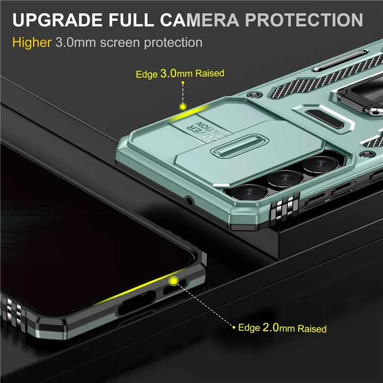 Armor Series For Samsung Galaxy S25 / S24 Case PC+TPU Shockproof Kickstand Smart Phone Back Protector with Slide Lens Lid - Green