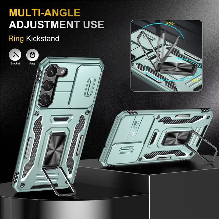 Armor Series For Samsung Galaxy S25 / S24 Case PC+TPU Shockproof Kickstand Smart Phone Back Protector with Slide Lens Lid - Green