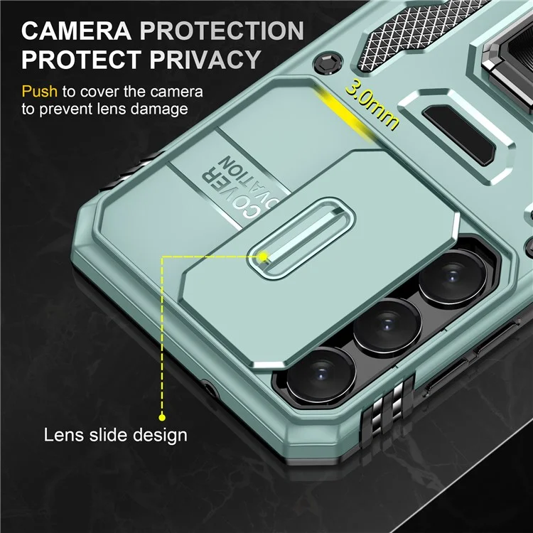 Armor Series For Samsung Galaxy S25 / S24 Case PC+TPU Shockproof Kickstand Smart Phone Back Protector with Slide Lens Lid - Green