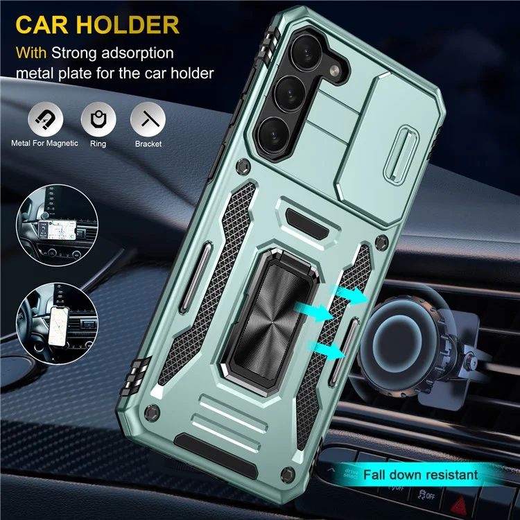 Armor Series For Samsung Galaxy S25 / S24 Case PC+TPU Shockproof Kickstand Smart Phone Back Protector with Slide Lens Lid - Green